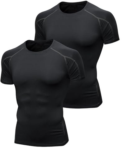 Niksa 2 Pack Compression Tops for Men Short Sleeve Mens Running Top Mesh Design Quick Dry Base Layer Top for Gym Sports Fitness Workout Cycling,Training, Black,M