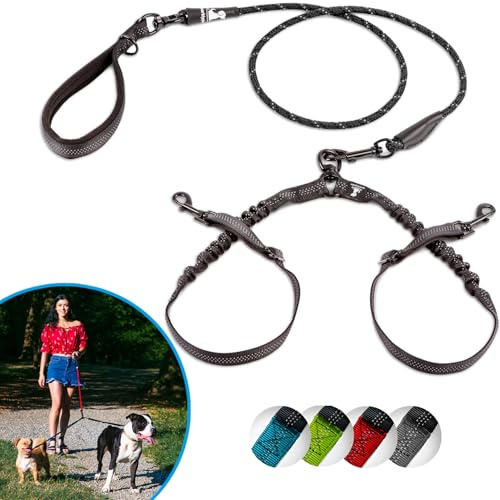 SparklyPets Double Laisse pour 2 Petits Chiens – Corde élastique Anti-nœuds pour Deux Petits Chiens avec coupleurs réglables et poignée Souple