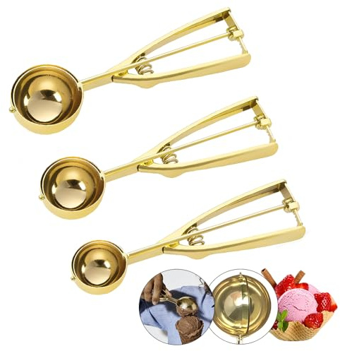 ZYHUI Ice Cream Scoop 304 Stainless Steel Cookie Scoops for Baking Melon Baller with Easy Trigger 3 Sizes (Gold, S/M/L)