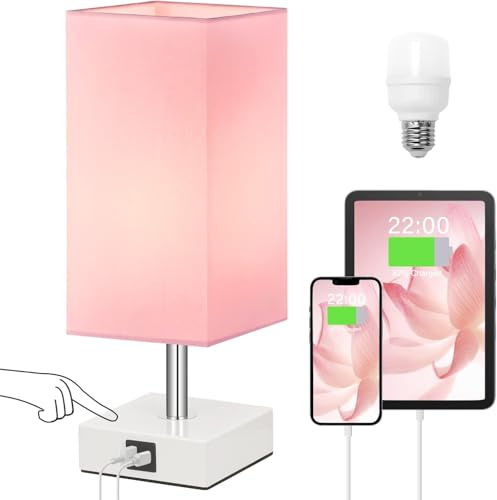 Aooshine Bedside Lamps, Touch Control Table Lamp with USB A+C Charging Ports, Lamps 3 Way Dimmable, for Bedroom Living Room-Pink Fabric Shade (LED Bulb Included)