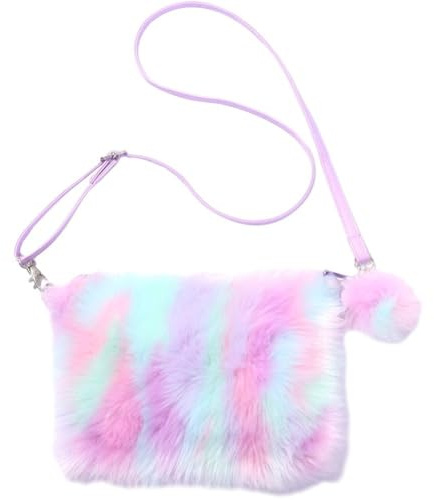 Muteitt Sac à bandoulière en Peluche Douce Sacs à Main Arc-en-Ciel colorés Sacs à bandoulière Paquet enveloppe avec Bretelles réglables pour Filles