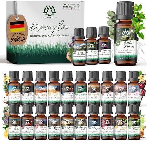 NORDHOLZ® Saunaaufguss Discovery Box 24x15ml [ #25-#48 NATURREINE ÄTHERISCHE ÖLE] Sauna Aufgussmittel - Sauna Aufguss aus Franken - Sauna Zubehör