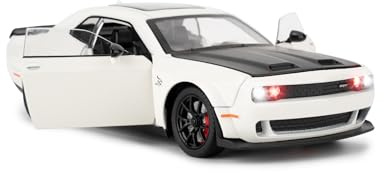 1/24 Dodge Challenger SRT Hellcat Auto Coleccionable Diecast Modelo con Luces y Sonidos, Juguetes Pull Back para Adultos y Niños Cumpleaños Regalos Decoración (Blanco)