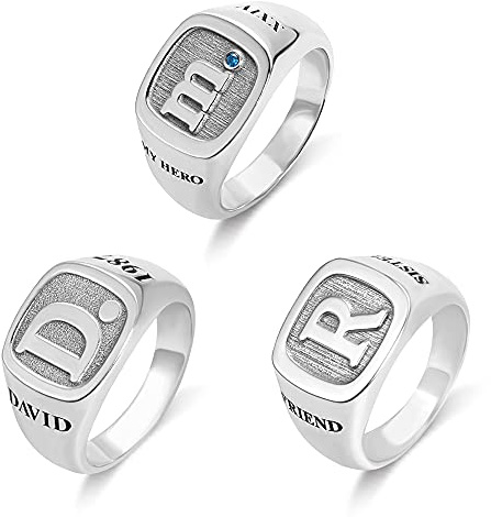 GSTFY Personalized Initial Signet Ring - Custom Birthstone Sterling Silver Signet Rings for Women & Men Engraved Letter Jewelry - Statement Gift for Birthdays, Weddings, Fathers,Parties