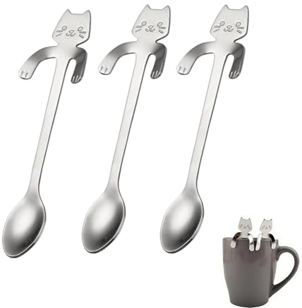 3PCS Stainless Steel Cat Hanging Coffee Spoons, Creative Small Coffee Spoon and Coffee Scoop for Mug Drinks, Mini Dessert Spoons for Ice Cream, Tea, Sugar, Kitchen Tableware Accessories