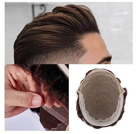 Uso Masculino Tupé for Hombres Base de Encaje francés y PU for Unidad Sistema Cabello Humano 6 Peluca 30 Ondas Densidad Media Prótesis Masculino Duradera Cabeza de Peluca(30MM Wave 120%Density,8x10)