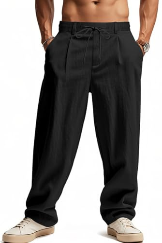 WINKEEY Pantalon Lin Homme Été Léger Pantalon Large Fluide Coupe Ample Taille Élastique Cordon pour Détente Plage Vacances