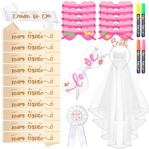 KufaerBeam 24 Pezzi Gadget Addio al Nubilato Sposa e Amiche, Velo Sposa Addio al Nubilato Gadget, Team Bride, Occhiali Cuore, Cerchietto Bride to be, Accessori per Spose per la Festa