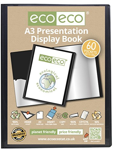 Eco-eco - Raccoglitore per presentazioni, 100% carta riciclata, con tasche trasparenti, colore: Nero, Black, A3 60 Pocket/120 View Pack of 12