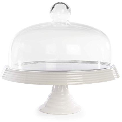 Ceramic Cake Stand with Glass Dome Lid Dessert Display | M&W | Elegant Ceramic Cake Stand with Glass Dome Cover for Cakes, Pastries, Desserts & Afternoon Tea Display