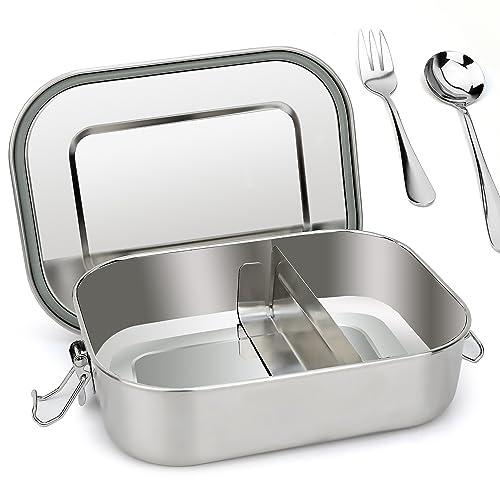 Lunbengo 1400ml Stainless Steel Lunch Containers with Lid, Metal Bento Box for Adults - Spoon and Fork - Adjustable 1 or 2 Compartments, Food Containers for Office Travel, 8.5'' x 6.5''