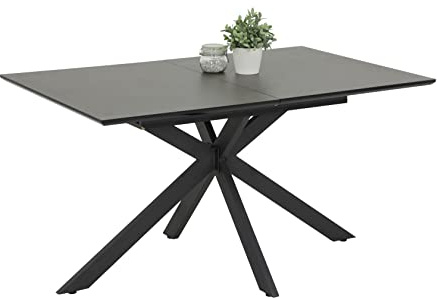 Hela Tische, Esstisch Ausziehtisch Fenja, Holzwerkstoff + 5mm Glasplatte, Keramikoptik Schwarz, Spinnengestell Anthrazit, ausziehbar 140-180x90cm