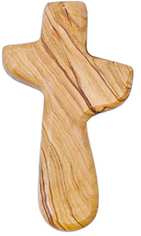 Fritz Cox Holzkreuz aus Olivenholz | Handkreuz und Handschmeichler | kleines Holzkreuz | auch als Sterbekreuz | auf Geschenkkarte | handgefertigt | schöne Maserung (10cm)