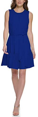 DKNY Damen Ärmelloses Gürtel und Rüschensaum Kleid, Marineblaue Passform + Flare, 46