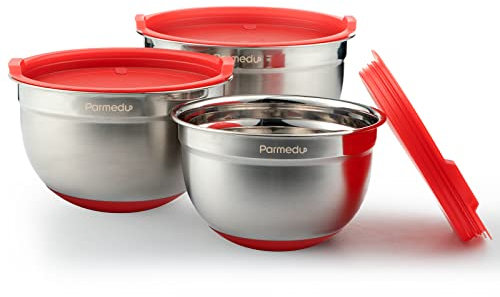 Parmedu Set di Ciotole per Miscelazione in Acciaio Inossidabile 100% 18/8 con Coperchi Ermetici, 3 Ciotole Nidificanti con Segni di Scala e Fondo Antiscivolo, Misura 2L/1,5L/1L