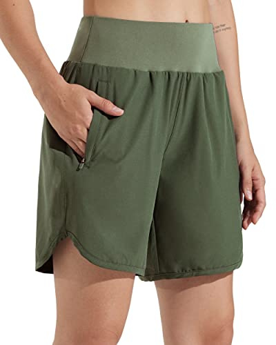 Libin Pantalone Corto Mujer de Deporte con Forro de Secado Rápido Running Atléticos Yoga Gimnasio Shorts con Bolsillos Cremallera, Verde Ejército S