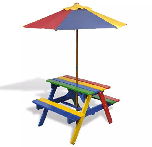 Homgoday Tavolo e Panchine per Bambini con Parasole Legno Multicolore, Panchina da Giardino, Panca Panchina da Balcone, Resistente Panchina per Balcone Terrazza & Giardino