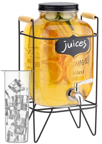 Navaris Dispenser per Bevande in Vetro 5 Litri - Distributore Acqua con Rubinetto e Supporto in Ferro - Inclusi Infusore Frutta e Porta Ghiaccio - Drink Dispenser per Bibite Fredde