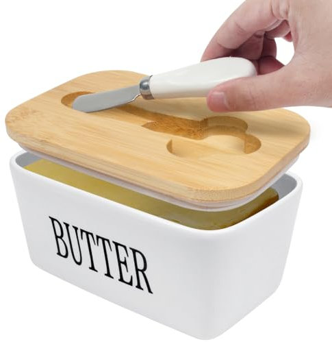 IKR Butter Dish with Lid,650ML Ceramic Butter Dish with Butter Knife Porcelain Butter Container with Double Silicone Seals Cover Butter Box for Butter Cheese Nuts, EHK0021