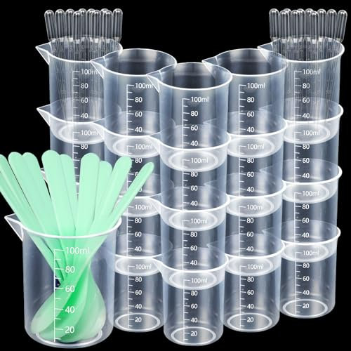 Resin Mixing Cups, 20pcs 100 ml Measuring Cup with Stirring Sticks and Pipettes, Graduated Epoxy Plastic Measuring Cups for Resin, Crafts, Casting Moulds, Jewellery Making