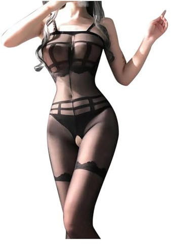 Générique Tenue Sexy Femme érotique Hot Body Transparente Femme Ouvert Entrejambe Bodystocking Catsuit sans Manches Combinaison Moulante Collant Bas Lingerie et vêtements (Black, One Size)