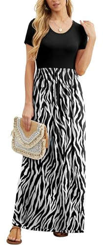 GRECERELLE Womens Maxi Dress Summer Casual Ladies Short Sleeve Crew Neck Long Dresses with Pocket for Daily, Holiday, Travel, Maternity (Black Tree Grain, M)