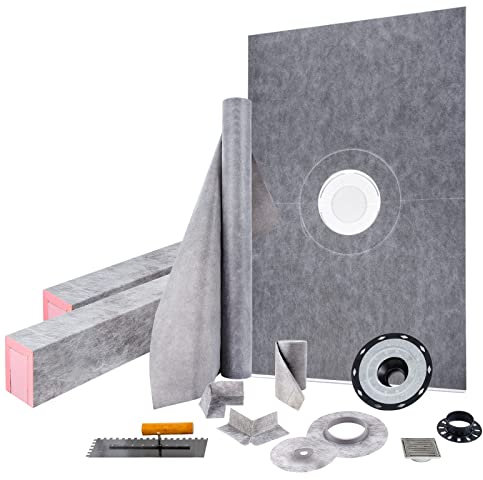 VEVOR Kit Plato de Ducha Umbral de Ducha Estanco 1219 x 1828,8 mm con Desagüe Desplazado en ABS Rejilla de Acero Inoxidable de 10 cm 2 Bordes de Ducha Cortables y Llana Plato de Ducha para Baño