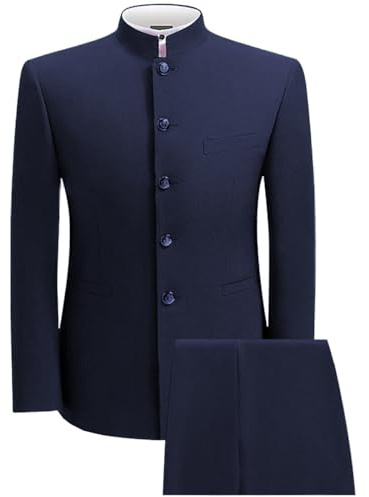 2 Piece Men's Chinese Suit Chinese Stand Collar Slim Fit Suits Front Button Blazer Pant Set,Navy-L
