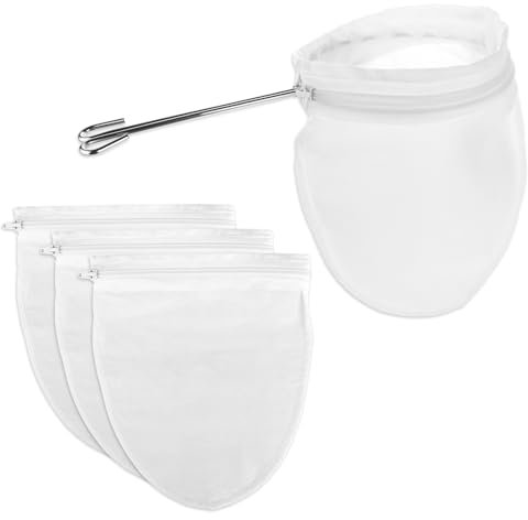 4 Pack Ultra Fine Mesh Cheese Cloths Strainer Bag with 1 Frame Handle, Reusable Food Grade Juice Strainer Cotton Yogurt Strainers with Zipper for Nut Milk Coffee Butter Juices and Cheese (Small Size)
