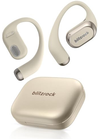 BlitzRock CT3 Pro Auriculares Oreja Abierta, Sonido Rico y Equilibrado, Llamadas Claras con IA, Ajuste Seguro, 40H de Reproducción, Auriculares Inalambricos Bluetooth 5.4 Deportivos, IPX5, Beige
