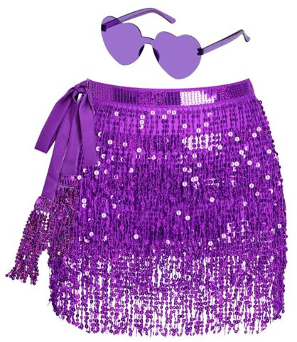 Glitzer Rock Damen Fransen Rock Glitzer mit Hippie Brille Mini Latein Rock Kurz Bauchtanz Kostüm Rave-Kostüm für Frauen Mädchen (DE/NL/SE/PL, Alphanumerisch, Einheitsgröße, Regular, Regular, Lila)