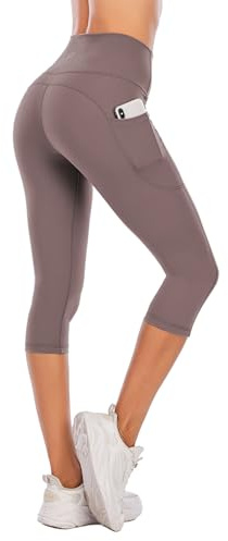 Steppe Naked Feeling Leggings Yoga Capri da Donna a Vita Alta, Leggings da Allenamento con Tasche, Controllo della Pancia, Capri da Corsa a Compressione per Sport, Marrone Scuro-M