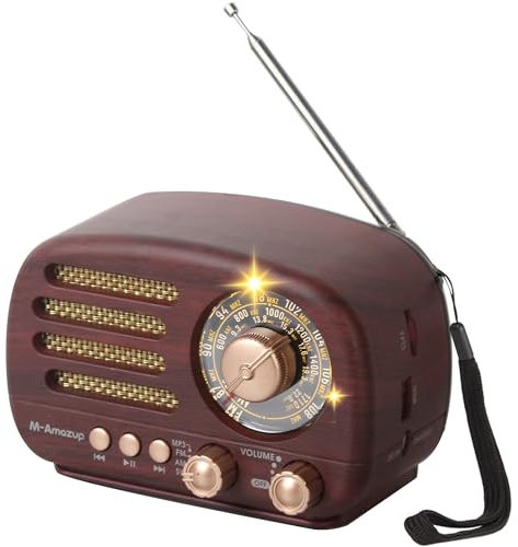 M-Amazup Radios Portable AM FM SW, Retro Radio with Speaker, Transistor Radio Bluetooth 5.3, Rechargeable Battery Powered, TWS, Support TF Card/MP3/USB Playing, Gifts for Senior, Dark Wood