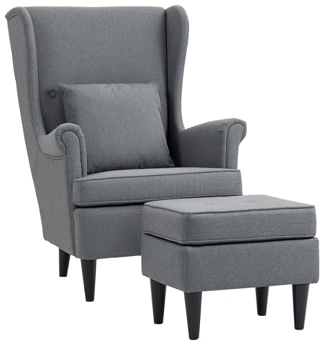 HOMCOM Poltrona Relax con Pouf Poggiapiedi, Cuscino e Schienale Alto, Poltroncina Camera da Letto in Tessuto Trapuntato con Gambe in Legno e Braccioli per Salotto e Soggiorno, 75x83x104 cm, Grigio