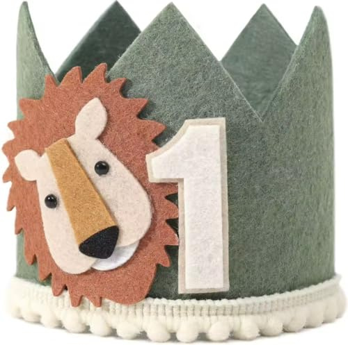 Generisch Schiggeria wildone Safari deko, Geburtstagskrone mit Löwe aus Filz, 1. Geburtstag Krone mit Löwen-Design, Grün und Braun, 28 x 10 cm, Verstellbar für Junge und Mädchen