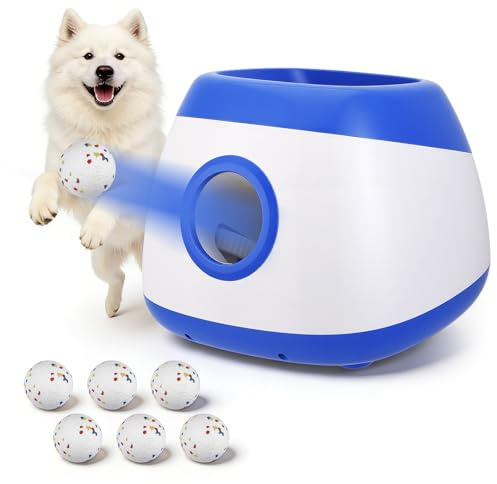 Yapasopu Máquina automática de lanzamiento de pelotas para perros, pelota de juguete para perros con 6 pelotas de tenis de 2 pulgadas, distancia ajustable de 12/16/20 m, juguete interactivo para