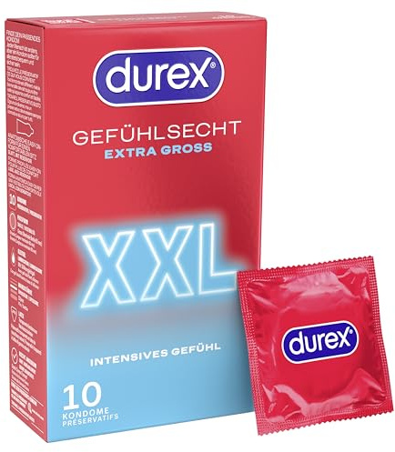 Durex Gefühlsecht XXL Kondome – Perfekter Sitz & leichtes Abrollen – Dünn, große Passform, befeuchtet, transparent – 10er Pack (1 x 10 Stück)