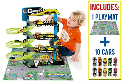 MOLTO | Parking à 4 Étages avec Accessoires et Piste pour Voitures - 10 Voitures Jouets et Tapis de Jeu Inclus - pour Enfants + 3 Ans