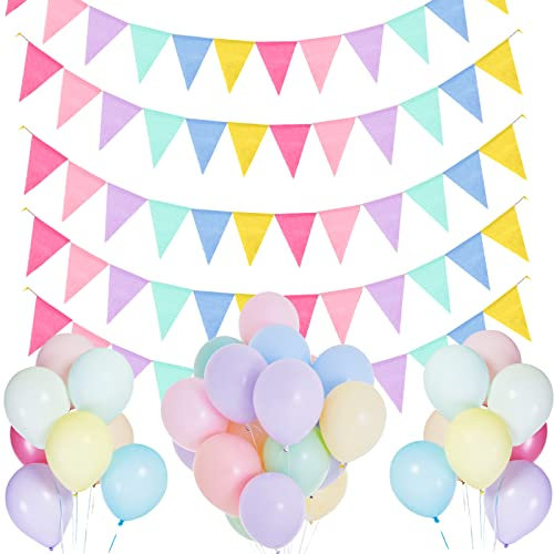 Wimpelkette Outdoor Wetterfest,5 Stück Wimpel Girlande, Wetterfest Stoff Draußen, Wimpelkette Geburtstag für Girlande Klassenzimmer Deko,Einschulung Party Hochzeit (5 Stück 15M+Macaron-Ballons)