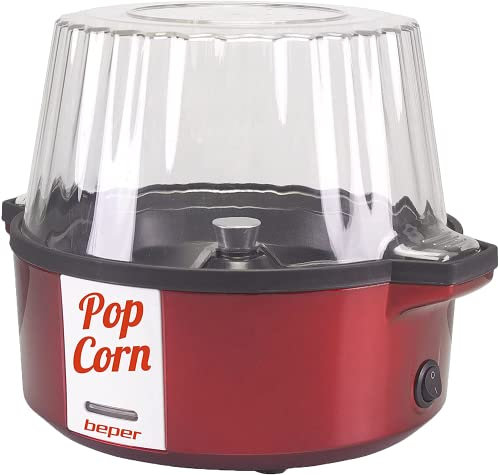 BEPER P101CUD050 Máquina de palomitas, Palomitero, Revestimiento antiadherente, Cocción con Mantequilla/Aceite, Pala giratoria de acero, Tapa se Convierte en un Tazón, Cuchara en dotación, Rojo