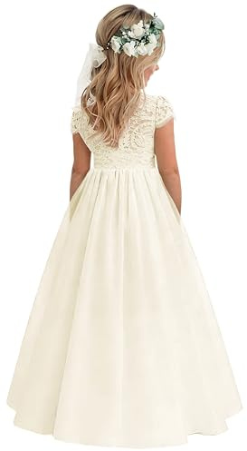 2Bunnies Girl Paisley Lace Back A-Line Tutu Tulle Party Flower Girl Dresses (Short Sleeve Maxi-Ivory, 7/8)