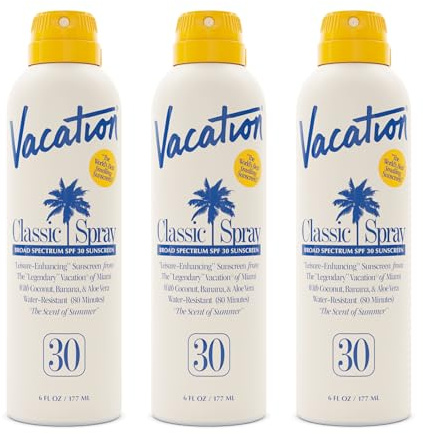 Vacation Classic Sunscreen Spray SPF 30, Water-Resistant, Lightweight, Transparent on All Skin Tones, Dermatologist-Tested, Vegan, 6 Fl. Oz. (Value Pack of 3)