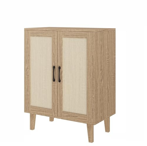 Panana Buffet Cabinet Sideboard with Rattan Decorated Doors Kitchen Storage Cupboard Accent Cabinet (Natural Wood)