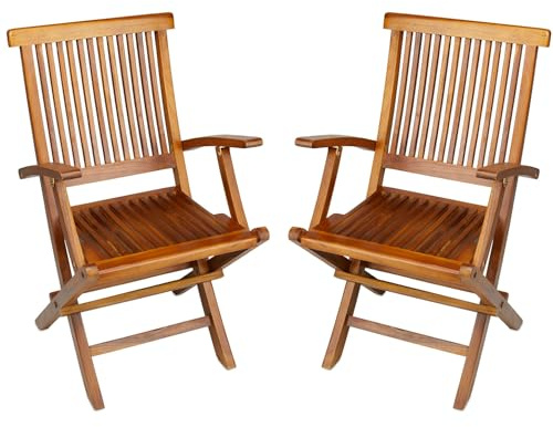 TeakCraft Teak Folding Arm Chair - 2 Piece Foldable Chairs Set - Fully Assembled - Solid Wooden Outdoor, Indoor- Wood Dining Room, Kitchen, Patio, Bistro Chairs, The Mille