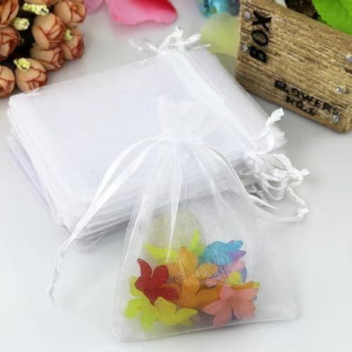 100pc 9 X 12 cm Bolsas de Organza de Regalo, Bolsas de Tul con Cordón de Organza, Bolsa de tela, Bolsas para Joyas, Bolsas de Regalo para Regalos Joyas Caramelo para Boda Favores Bolsitas(Blanco)