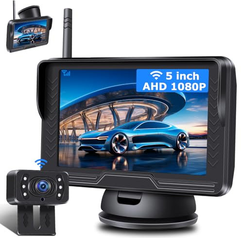 【Immagine Stabile】AHD 1080P Retrocamera Auto Wireless, Telecamera Retromarcia Wireless con 5 '' Monitor 6 LED Telecamera Posteriore Senza Fili Visione Notturna 170° Grandangolo per DC 12V Camion SUV