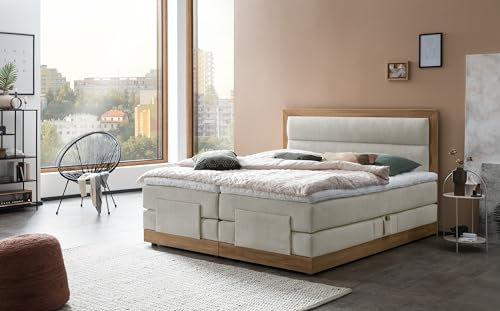 Belanoti MODELA Boxspringbett 180x200 elektrisch verstellbar 7-Zonen Taschenfederkern Matratze inkl Visco Topper Bett 180x200 mit Motor Farbe Beige H2/H3 Polsterbett Motorbett Massivholz Eiche