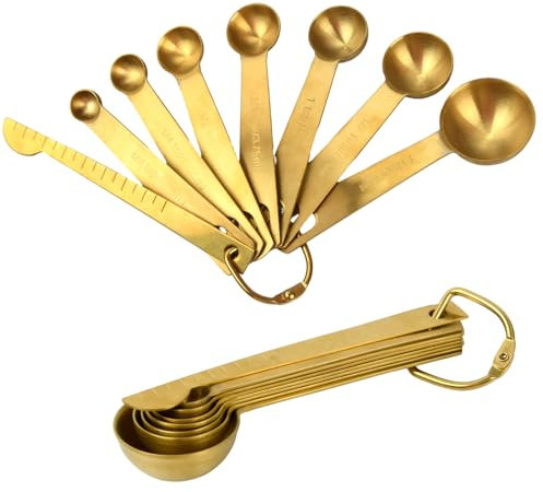 Rapidbok 8 Stück Messlöffel Set, Dosierlöffel Edelstahl, Messwerkzeug Küche, Gewürzlöffel mit Meßlineal, Teemaßlöffel Messing, Portionierlöffel für Backen, Kochen, Trockene und Flüssige Zutaten