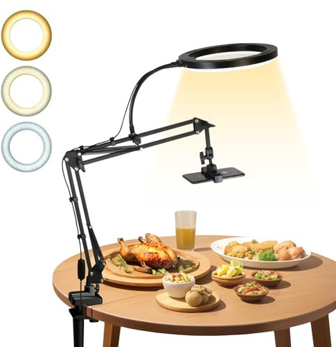 Ringljus med stativ, overhead tripod med 25 cm LED-ringljus, 3 ljusfärger, 360° roterande belysning, smartphone-stativ set, non-slip trepod med ringljus för möte, streaming