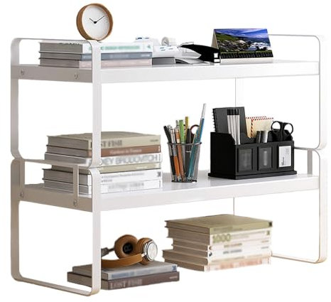 Hggzeg Desk Shelf Organiser, 2 Tier Wood Desktop Bookcase, Multipurpose Display Bookshelf Storage Rack for Home Office School (White+White)